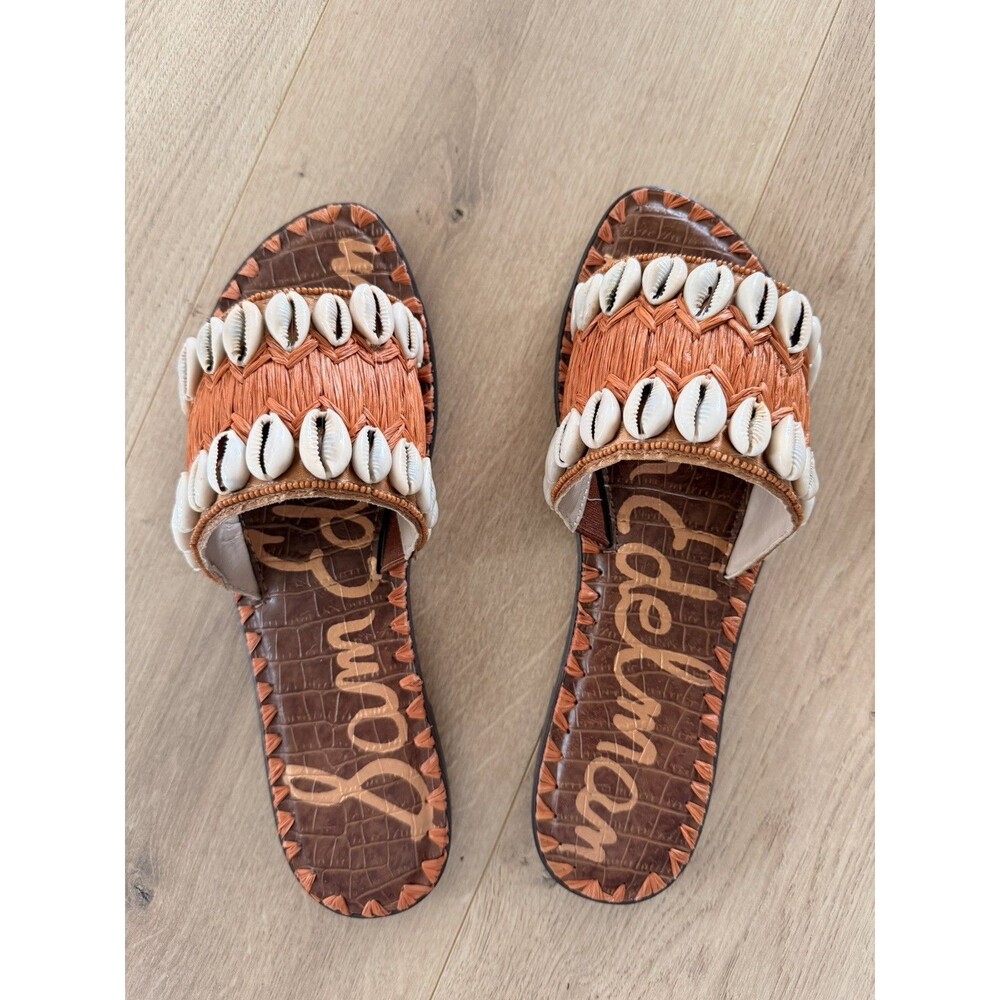 Sam Edelman Raffia Brown Seashell Beachy Gale Slide Sandals Sz 8.5
